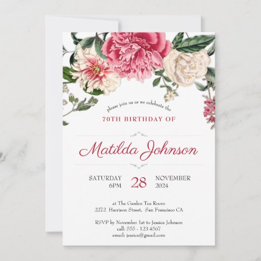Floral 70th Birthday Botanisch Elegant Roze Rood Kaart (Voorkant)