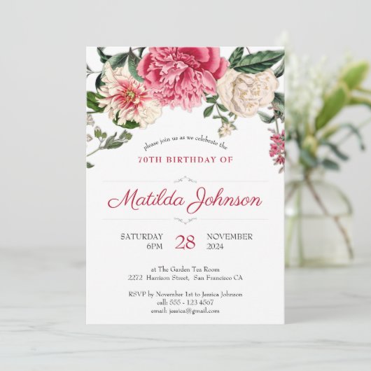 Floral 70th Birthday Botanisch Elegant Roze Rood Kaart (Staand voorkant)