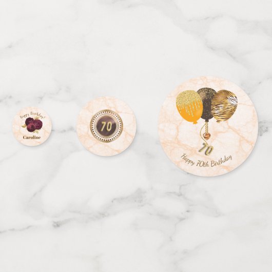 Floral 70th Birthday & Gold Foil Balloon, Face   Confetti (Achterkanten)