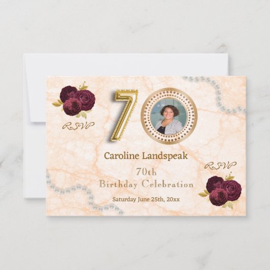 Floral 70th Birthday & Gold Foil Balloon RSVP (Voorkant)