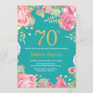 Floral 70th Birthday Gold Glitter en Blauwgroen Kaart