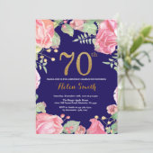 Floral 70th Birthday Gold Glitter Navy Blue Kaart (Staand voorkant)