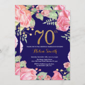 Floral 70th Birthday Gold Glitter Navy Blue Kaart (Voorkant / Achterkant)