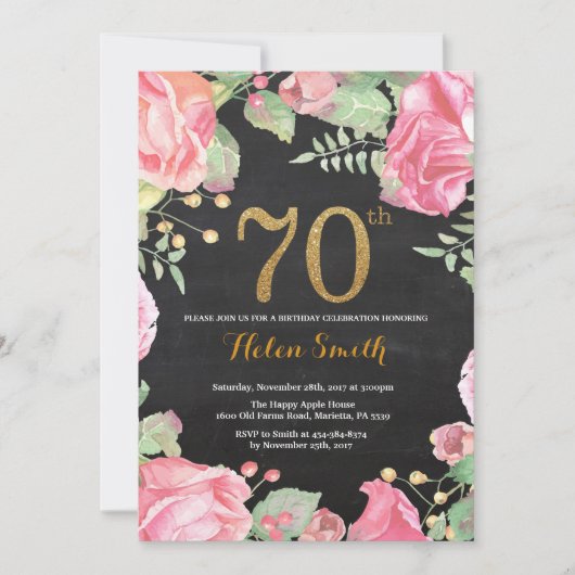 Floral 70th Birthday Invitation Gold Glitter Kaart (Voorkant)