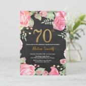 Floral 70th Birthday Invitation Gold Glitter Kaart (Staand voorkant)