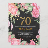 Floral 70th Birthday Invitation Gold Glitter Kaart (Voorkant / Achterkant)