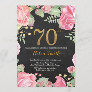 Floral 70th Birthday Invitation Gold Glitter Kaart