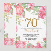 Floral 70th Birthday Invitation Gold Glitter Kaart (Voorkant / Achterkant)