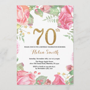 Floral 70th Birthday Invitation Gold Glitter Kaart