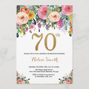Floral 70th Birthday Invitation Gold Glitter Kaart