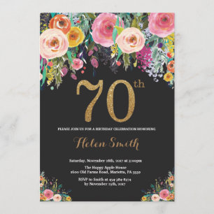 Floral 70th Birthday Invitation Gold Glitter Kaart