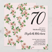 Floral 70th Birthday Invitation in Blush Pink Kaart (Voorkant / Achterkant)
