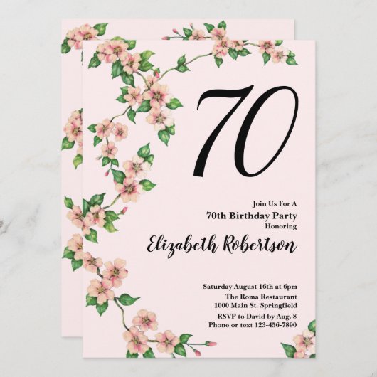 Floral 70th Birthday Invitation in Blush Pink Kaart (Voorkant / Achterkant)