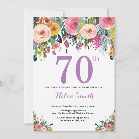 Floral 70th Birthday Invitation Paars Kaart (Voorkant)