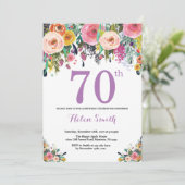 Floral 70th Birthday Invitation Paars Kaart (Staand voorkant)