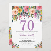 Floral 70th Birthday Invitation Paars Kaart (Voorkant / Achterkant)