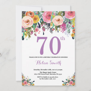Floral 70th Birthday Invitation Paars Kaart