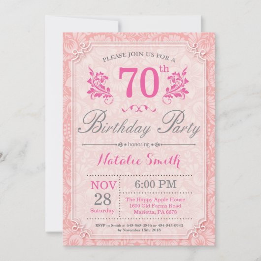 Floral 70th Birthday Invitation Pink for Women Kaart (Voorkant)