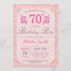 Floral 70th Birthday Invitation Pink for Women Kaart