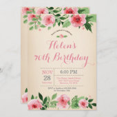 Floral 70th Birthday Invitation Pink Waterverf Kaart (Voorkant / Achterkant)