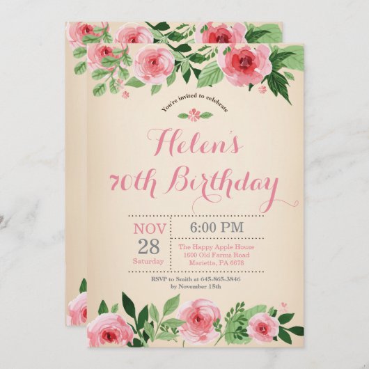 Floral 70th Birthday Invitation Pink Waterverf Kaart (Voorkant / Achterkant)