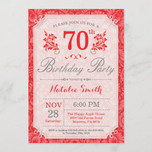 Floral 70th Birthday Invitation Red for Women Kaart