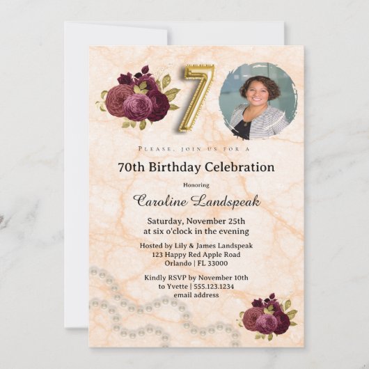Floral 70th Birthday Party & Gold Foil Balloon    Kaart (Voorkant)