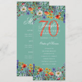 Floral 70th Birthday Party Programma Menu Blauwgro (Voorkant / Achterkant)