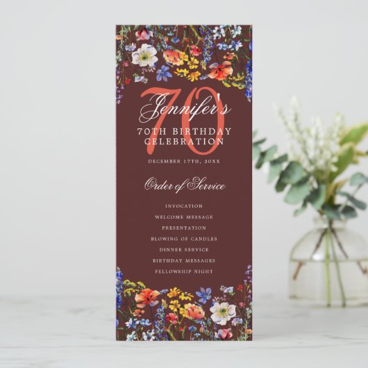 Floral 70th Birthday Party Programma Menu Bourgogn (Staand voorkant)