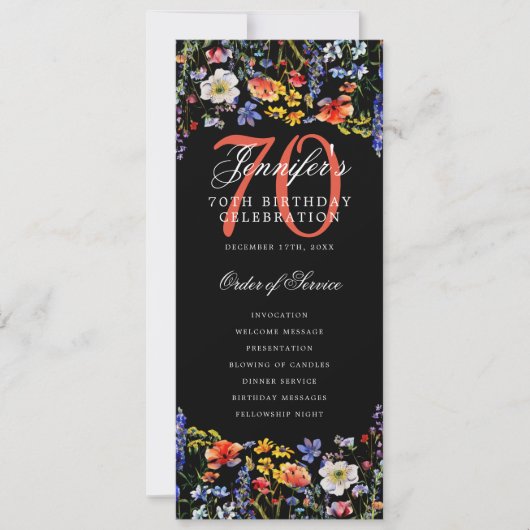 Floral 70th Birthday Party Programma Menu Zwart (Voorkant)