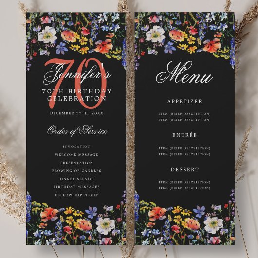 Floral 70th Birthday Party Programma Menu Zwart