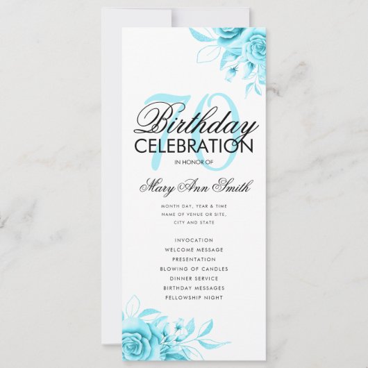 Floral 70th Birthday Program Blauwgroen met Menu Kaart (Voorkant)