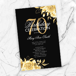 Floral 70th Birthday Program Gold & Black met Menu