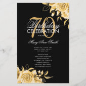 Floral 70th Birthday Program Gold & Black met Menu (Voorkant)