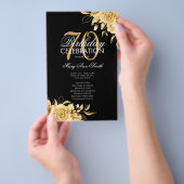Floral 70th Birthday Program Gold & Black met Menu (Hand)