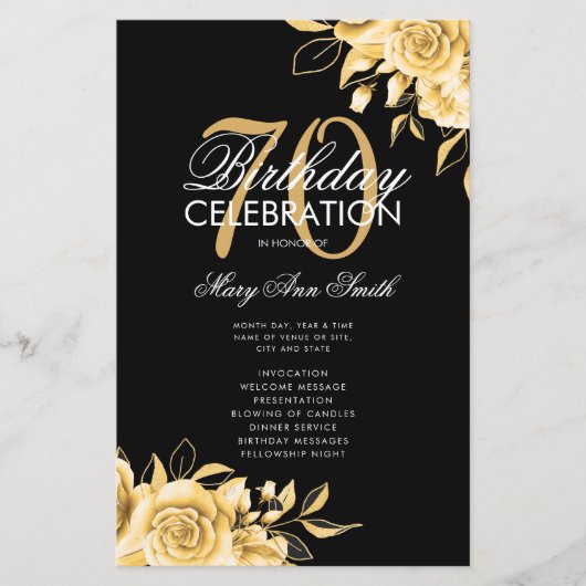 Floral 70th Birthday Program Gold & Black met Menu (Voorkant)