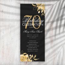 Floral 70th Birthday Program Gold & Black met Menu