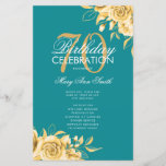 Floral 70th Birthday Program Gold & Blauwgroen met<br><div class="desc">Elegant 'Birthday Party Program' met Floral Arrangement in Gold met aangepaste tekst.</div>