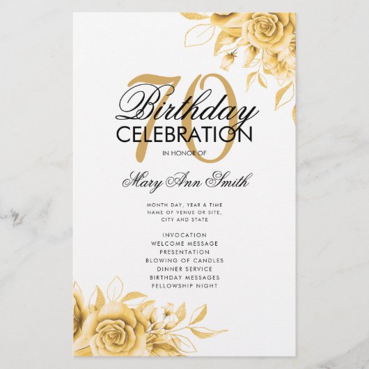 Floral 70th Birthday Program Gold met Menu (Voorkant)