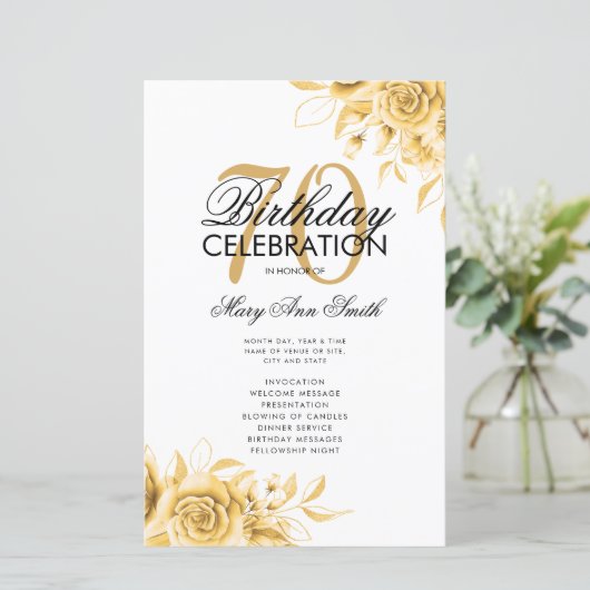 Floral 70th Birthday Program Gold met Menu (Staand voorkant)