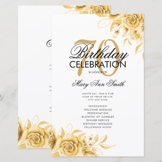 Floral 70th Birthday Program Gold met Menu (Voorkant / Achterkant)