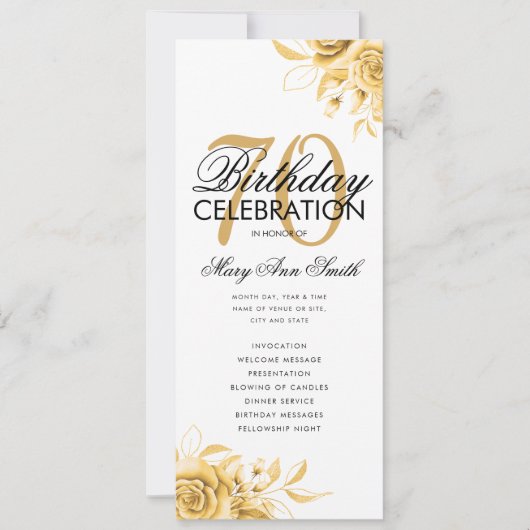 Floral 70th Birthday Program Gold met Menu Kaart (Voorkant)