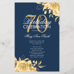 Floral 70th Birthday Program Gold & Navy met menu<br><div class="desc">Elegant 'Birthday Party Program' met Floral Arrangement in Gold met aangepaste tekst.</div>