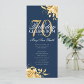 Floral 70th Birthday Program Gold & Navy met menu Kaart (Staand voorkant)