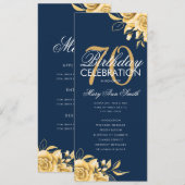 Floral 70th Birthday Program Gold & Navy met menu Kaart (Voorkant / Achterkant)