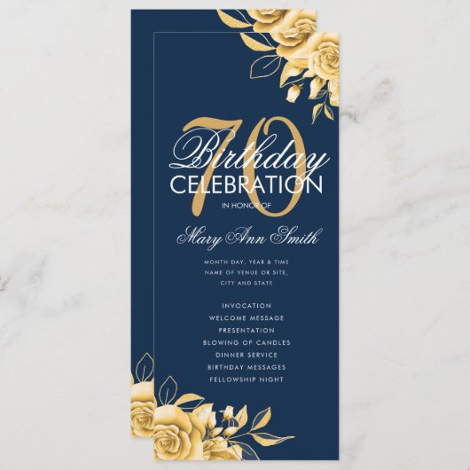 Floral 70th Birthday Program Gold & Navy met menu Kaart (Voorkant / Achterkant)