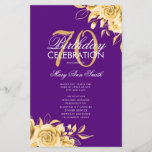 Floral 70th Birthday Program Gold & Paars met menu<br><div class="desc">Elegant 'Birthday Party Program' met Floral Arrangement in Gold met aangepaste tekst.</div>