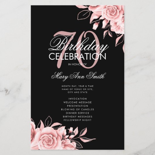 Floral 70th Birthday Program Roos Gold Black Menu (Voorkant)