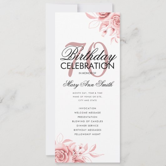 Floral 70th Birthday Program Roos Gold Menu Kaart (Voorkant)