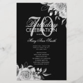 Floral 70th Birthday Program Silver Black met Menu (Voorkant)